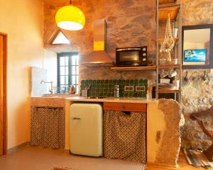 a kitchen with a sink and a refrigerator at Chapim Azul Studio in Cabrela +5 photos