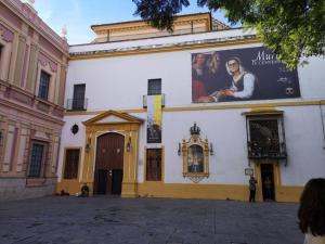 a building with a poster on the side of it at Apartamento Museo de Bellas Artes in Seville