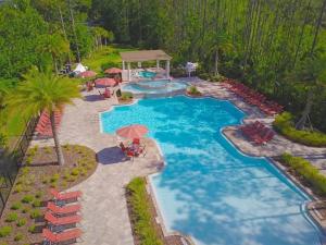 an overhead view of a pool with chairs and umbrellas at 3BD Townhouse , Themed , 10 min to Disney , Gated in Kissimmee