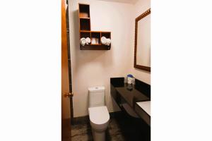 bagno con servizi igienici, lavandino e specchio di HomeTown Inn By OYO Lakin, KS a Lakin