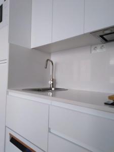 eine Küche mit einem Waschbecken und weißen Schränken in der Unterkunft Apartamento Maribel a pie de pista in Sierra Nevada
