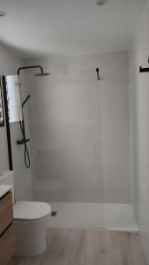 a white bathroom with a toilet and a shower at Apartamentos las flores in Murcia