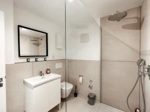 a bathroom with a shower and a toilet and a sink at Design Wohnung im Zentrum von Koblenz in Koblenz