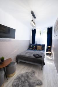 sypialnia z łóżkiem, stołem i telewizorem w obiekcie ClickTheFlat Warsaw Breweries Apart Rooms w Warszawie