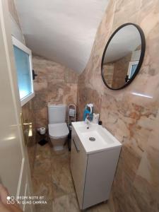 ein Bad mit einem WC und einem Spiegel in der Unterkunft La casa de las tejas verdes in San Juan de los Terreros