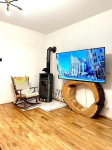 sala de estar con TV de pantalla plana grande en City center Apartment, en Viena