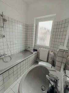 科布倫茨的住宿－Geräumige 3-Schlafzimmer-Wohnung in Koblenz nahe Uni，一间带水槽和卫生间的浴室以及窗户。