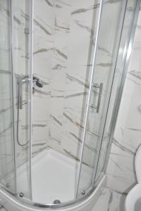 La salle de bains est pourvue d'une douche avec une porte en verre. dans l'établissement Bella apartmani, à Požarevac