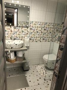 La salle de bains est pourvue d'un lavabo, de toilettes et d'un miroir. dans l'établissement Mini căsuța cu șemineu Moieciu, à Moieciu de Jos