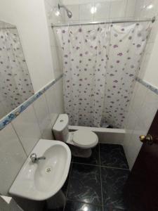 ein kleines Bad mit WC und Waschbecken in der Unterkunft Soinca Backpacker Hospedaje in Paracas