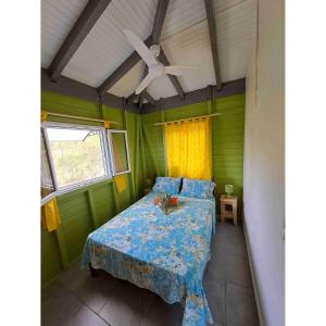 a green bedroom with a bed with a ceiling fan at Les bungalows de Pipo 1 in Anse-Bertrand