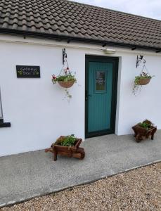 a white building with a green door and two flower pots at Granny Dens in Donegal