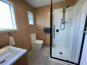 uma casa de banho com um chuveiro, um WC e um lavatório. em Te Anau Lakefront Backpackers em Te Anau
