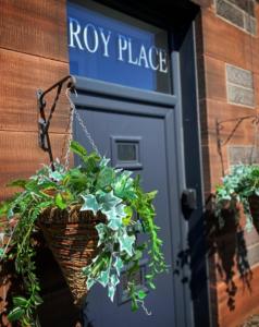 una puerta azul con una maceta delante de ella en Roy Place Gdn Apartment, en Campbeltown