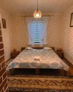 een slaapkamer met een groot bed en een raam bij Zielony Domek 