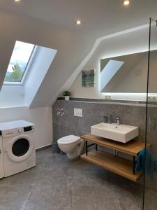 a bathroom with a sink and a toilet and a window at Backstage Oberaudorf in Oberaudorf