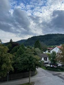 a view of a house with a fence and trees at Backstage Oberaudorf in Oberaudorf