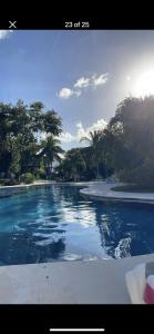 - une piscine d'eau bleue avec des palmiers dans l'établissement Complex - Real Del Carmen #50, à Playa del Carmen
