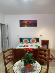 a bedroom with a bed and a table with a plant at Chambre équipée Plain-Pied - 2 pers avec sdb wc privé in Hargeville