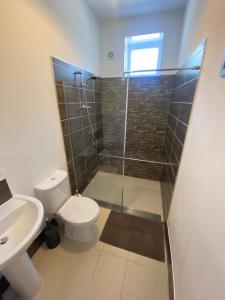 ein Bad mit einer Dusche, einem WC und einem Waschbecken in der Unterkunft Roy Place Gdn Apartment in Campbeltown