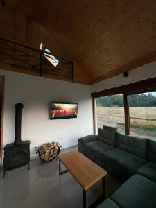 a living room with a couch and a stove at Vikendica Krlic in Mitrovac