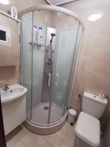 a bathroom with a shower and a toilet and a sink at Ave Maria Toledo in Toledo +39 photos