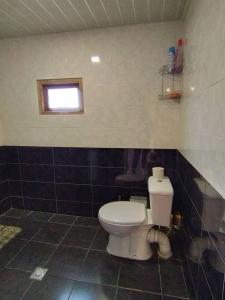 een badkamer met een wit toilet en een raam bij Dito’s house in Katsʼkhi