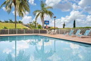 a swimming pool at a resort with chairs and palm trees at Belmont Inn & Suites in Florida City