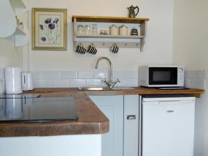 a kitchen with a sink and a microwave on a counter at The Cider Barn in Presteigne