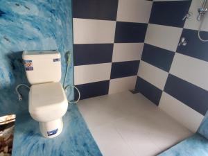 a bathroom with a white toilet in a blue and white room at Flow Nature Cottage in Beragala