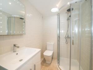 a bathroom with a toilet and a sink and a shower at Harewood Barn in Brompton Regis