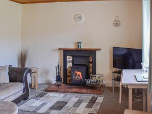 sala de estar con chimenea y TV en The Old Croft House en Strontian