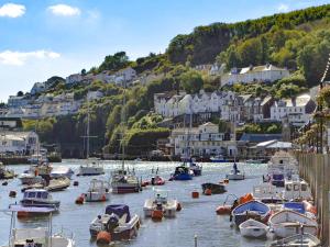 a bunch of boats are docked in a harbor at Talland House in Polperro