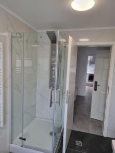 a glass shower in a bathroom with a hallway at holiday apartment essen 3 in Essen