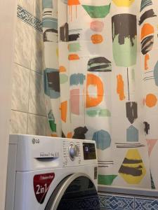 Una lavadora en un baño con cortina de ducha. en Charming Private Rooms in a Great Location, en Budapest