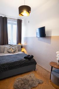 sypialnia z łóżkiem i telewizorem z płaskim ekranem w obiekcie ClickTheFlat Wilcza 35 City Center Apart Rooms w Warszawie