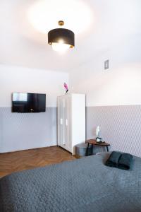 sypialnia z łóżkiem i telewizorem na ścianie w obiekcie ClickTheFlat Wilcza 35 City Center Apart Rooms w Warszawie