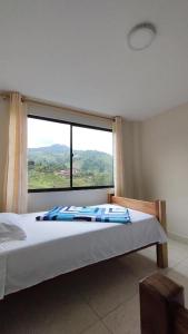 a bedroom with a bed and a large window at Canto del rio in Jardin