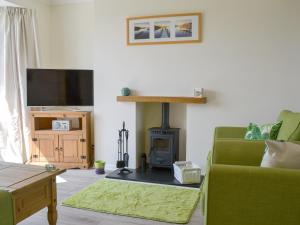 a living room with a fireplace and a green couch at Valley View in Morwenstow