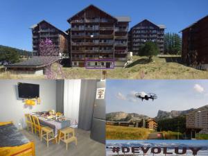 un collage de fotos de edificios y una casa en Appartement 8-10 personnes SUPERDEVOLUY Hautes Alpes REZ DE CHAUSSÉE Vue panoramique 3 CHAMBRES en Le Dévoluy