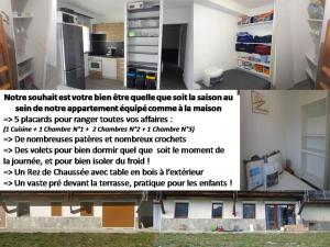 un collage d'une cuisine avec une photo d'une pièce dans l'établissement Appartement 8-10 personnes SUPERDEVOLUY Hautes Alpes REZ DE CHAUSSÉE Vue panoramique 3 CHAMBRES, à Saint-Étienne-en-Dévoluy