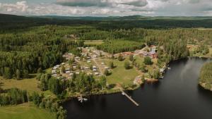 an aerial view of a resort in the middle of a lake at Barken Lodge in Smedjebacken