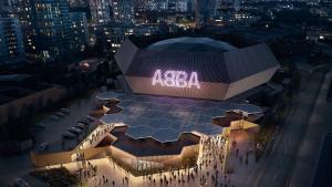 una vista aerea dell'arena di notte di ABBA Heights a Londra