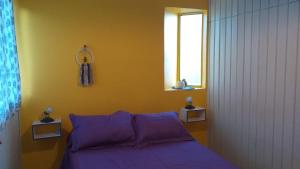 ein Schlafzimmer mit einem lila Bett und einem Fenster in der Unterkunft Alquiler Temporario Shanti in Trelew