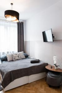 a bedroom with a bed and a tv on the wall at ClickTheFlat Krucza City Center Apart Rooms in Warsaw