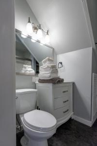 a bathroom with a white toilet and a mirror at The Original Custom House! in St. Charles