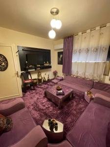 ein Wohnzimmer mit lilafarbenen Möbeln und einem lila Sofa in der Unterkunft 3 bedroom apartment in Ţāb Kirā‘