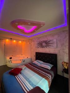 a bedroom with a bed with a purple lighting at Nid d'Amour in Strasbourg