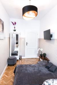 1 dormitorio con cama, espejo y TV en ClickTheFlat Krucza City Center Apart Rooms, en Varsovia
