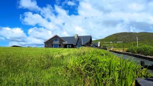 a house on a hill with a grassy field at Fuchsia Lodge - New Luxury 5* Beachside Lodge with Sauna - 4 beds ensuite - Spectacular Location in Cahersiveen